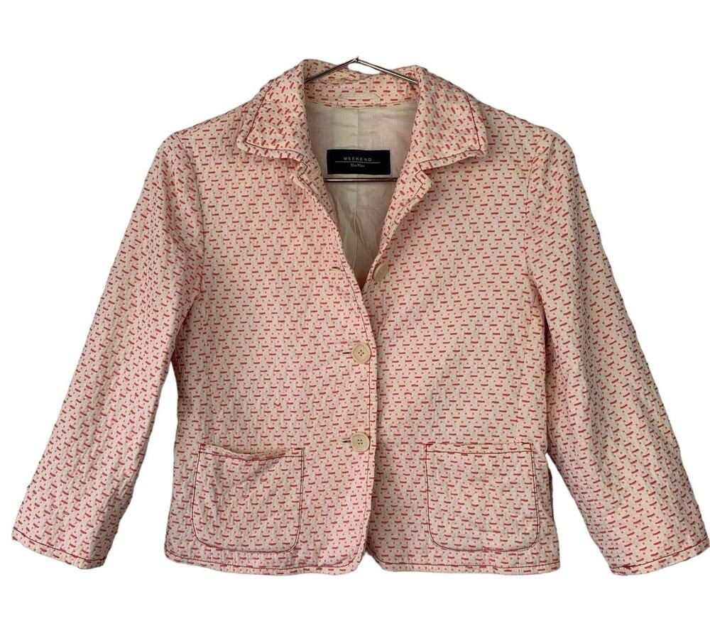 Weekend MAX MARA Ivory Pink Coral Stitch Dot Button Summer Jacket Blazer US 4 S